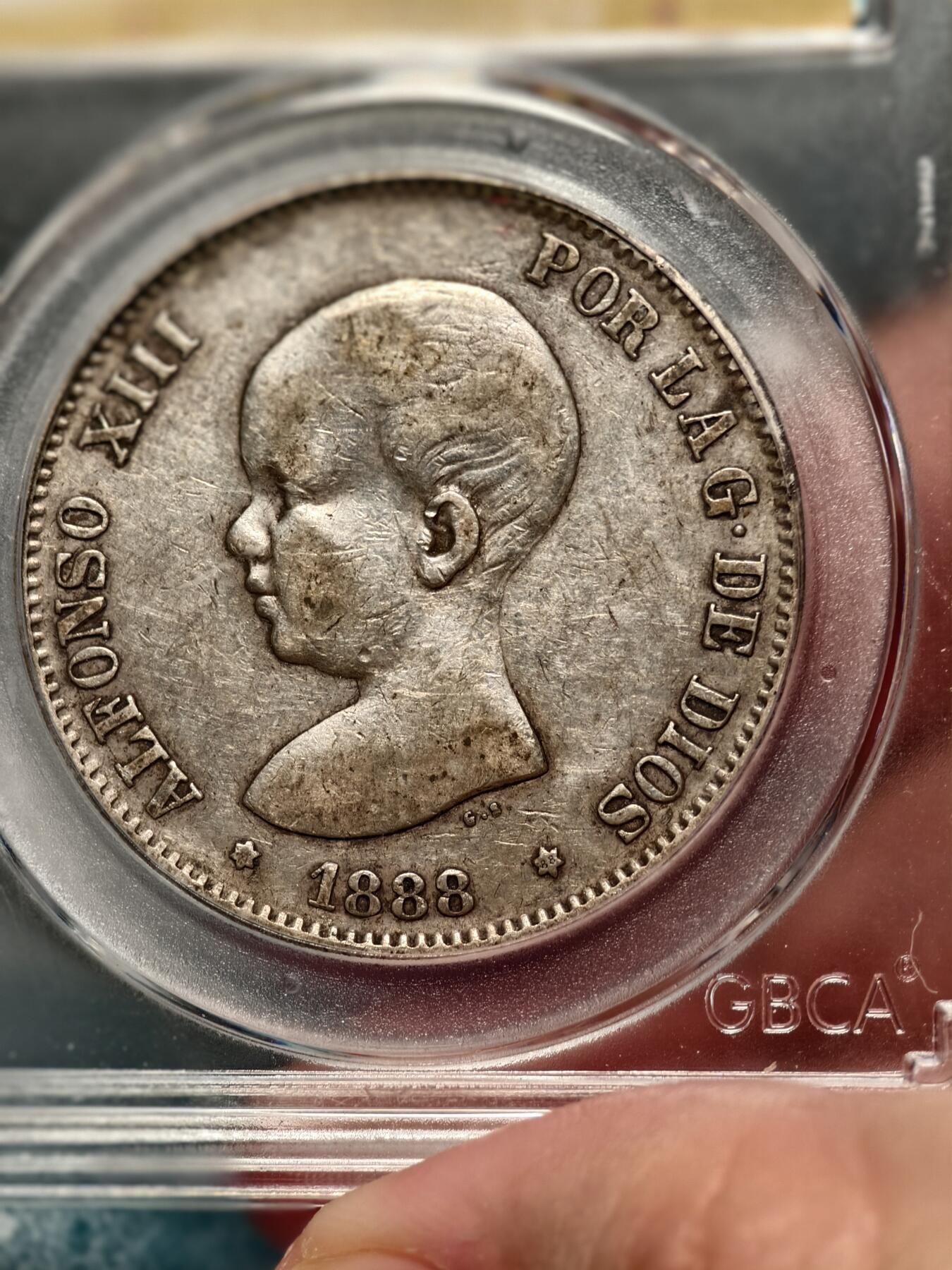 抚柳草堂-第十九期章牌钱币  奖章勋章限时免佣 满百包邮 放漏专场 1888西班牙5PESETAS银币 阿方索十三世婴儿头像吉祥年份 北京公博au50老包浆状态非常棒