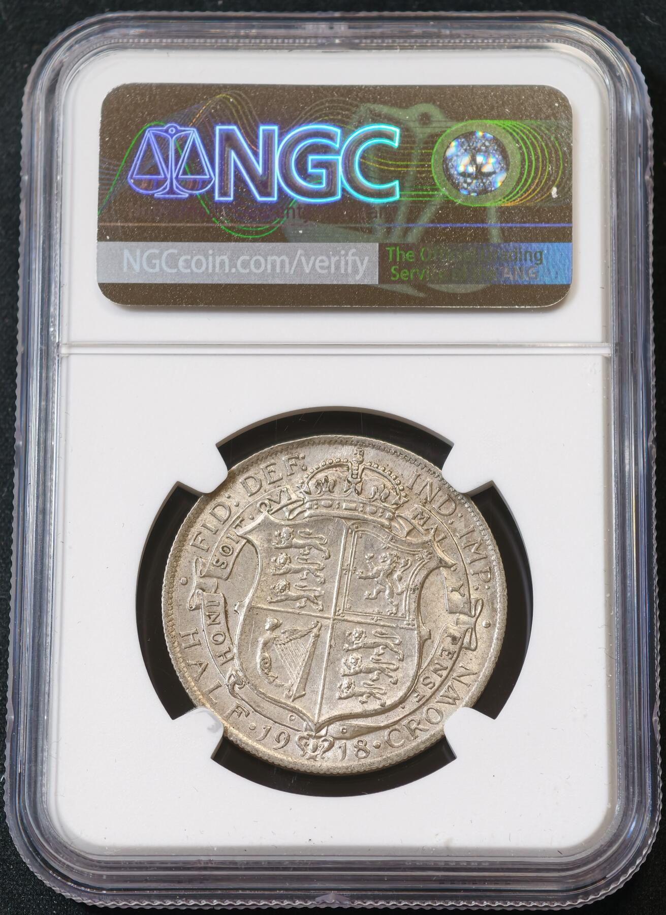 甄臻铺-世界币章拍卖（第56期），送拍享返佣金等优惠多多 NGC-MS62 1918年英国乔治五世半克朗，灰色包浆遮盖底板转光，低评