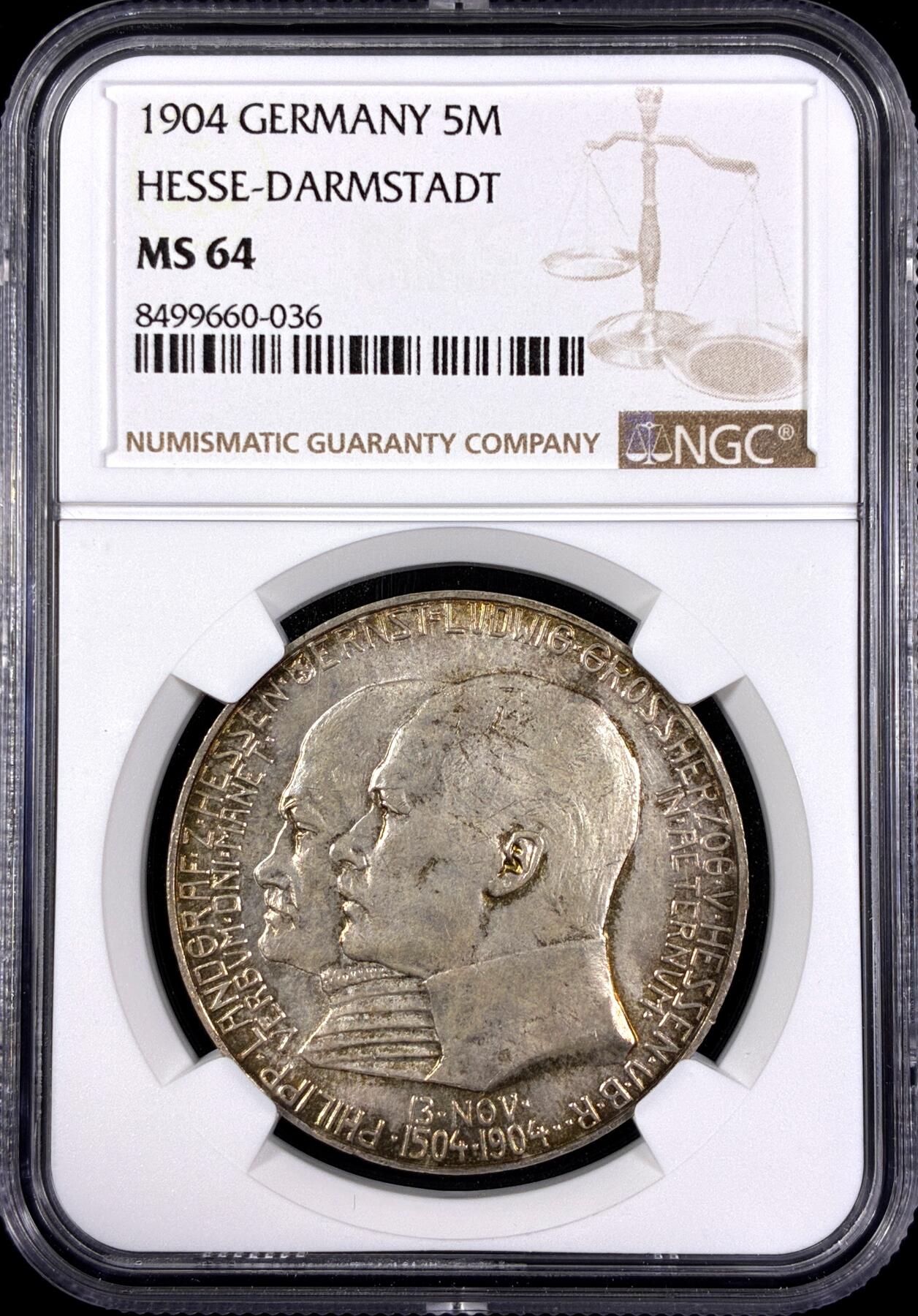 【雨安】【直播拍卖】【第0130期-评级币章】2026-03-28 周六 19:30 (金价981.33, 银价17.11) [评级德国] Germany 德国 帝国 J.075 黑森-达姆施塔特 5马克 (1904) 腓力一世400周年 1904年  NGC-MS64