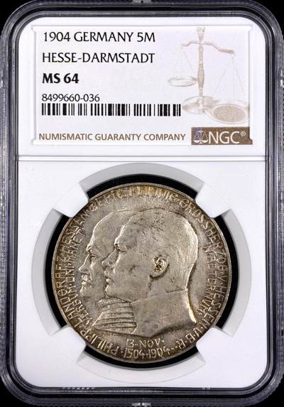 【雨安】【直播拍卖】【第0130期-评级币章】2026-03-28 周六 19:30 (金价981.33, 银价17.11) - [评级德国] Germany 德国 帝国 J.075 黑森-达姆施塔特 5马克 (1904) 腓力一世400周年 1904年  NGC-MS64