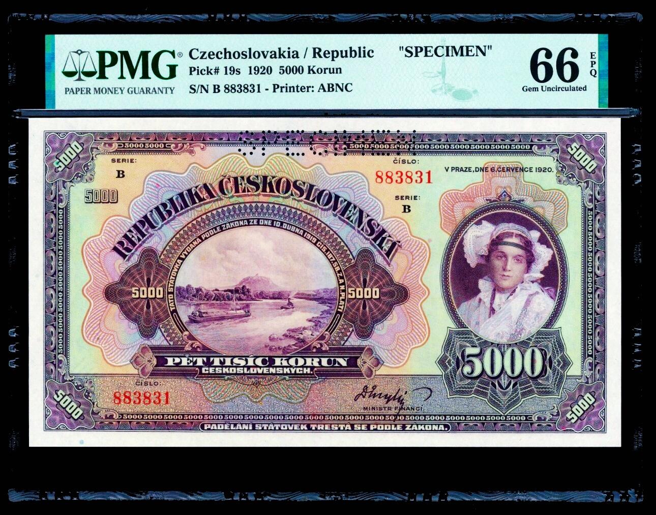 【Blue Auction】世界纸币精拍第799期——18级TOP拍卖/信誉/品质/专业/高效💫 【样钞】捷斯 1920年5000克朗 ABNC出品 大票幅 雕刻精美 PMG66EPQ 