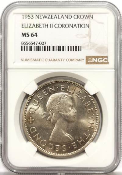 博洋堂“芳菲春韵”3月精品大拍专场暨第166期（全场包邮） - NGC MS64 新西兰1953年伊丽莎白二世一克朗，加冕年，极美转光好品。