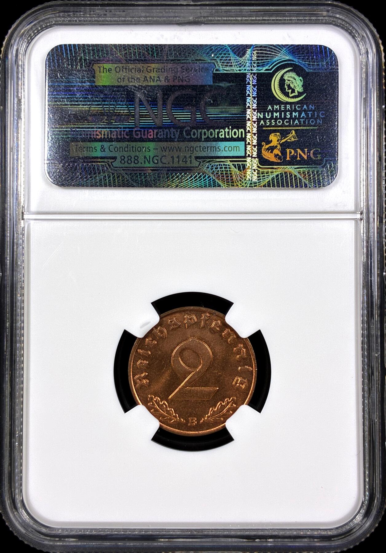 【雨安】【直播拍卖】【第0130期-评级币章】2026-03-28 周六 19:30 (金价981.33, 银价17.11) [评级德国] Germany 德国 第三帝国 2芬尼 1939年  NGC-MS64