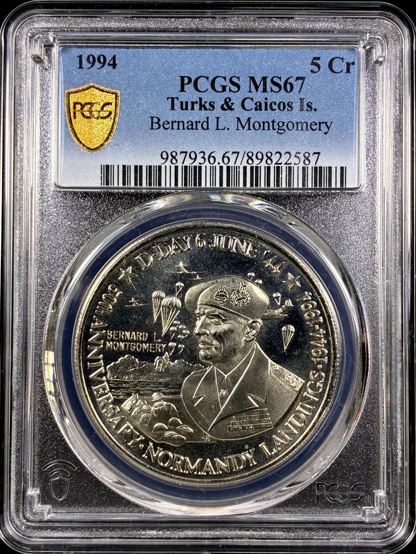 【雨安】【直播拍卖】【第0130期-评级币章】2026-03-28 周六 19:30 (金价981.33, 银价17.11) [评级现代] Turks and Caicos Islands 特克斯和凯科斯群岛 5克朗 1994年 英国司令伯纳德·蒙哥马利  PCGS-MS67