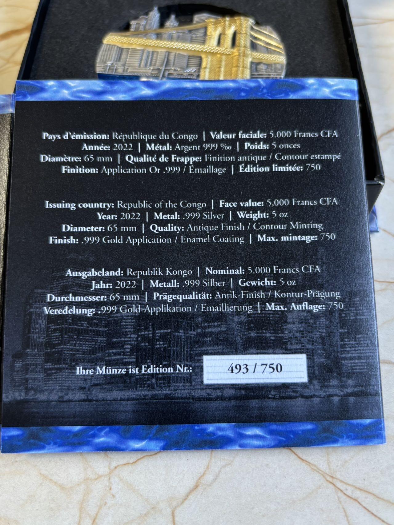 第195期拍卖 刚果2022年世界桥梁系列布鲁克林大桥5盎司银币，999银，发行750枚