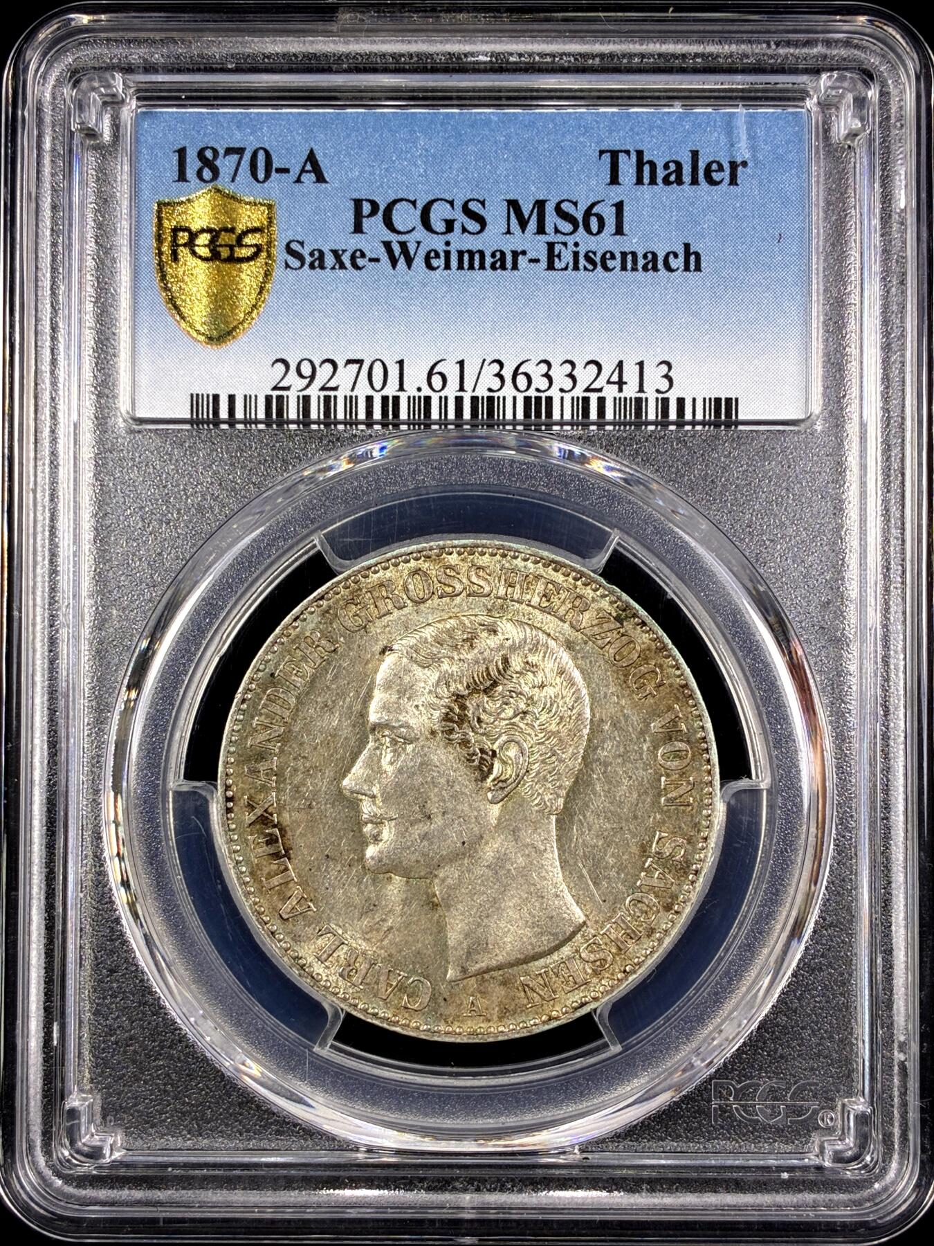 【雨安】【直播拍卖】【第0130期-评级币章】2026-03-28 周六 19:30 (金价981.33, 银价17.11) [评级德国] Germany 德国 德意志 萨克森-魏玛-艾森纳赫 1泰勒 1870年 卡尔·亚历山大  PCGS-MS61 小邦少见泰勒, MS不易