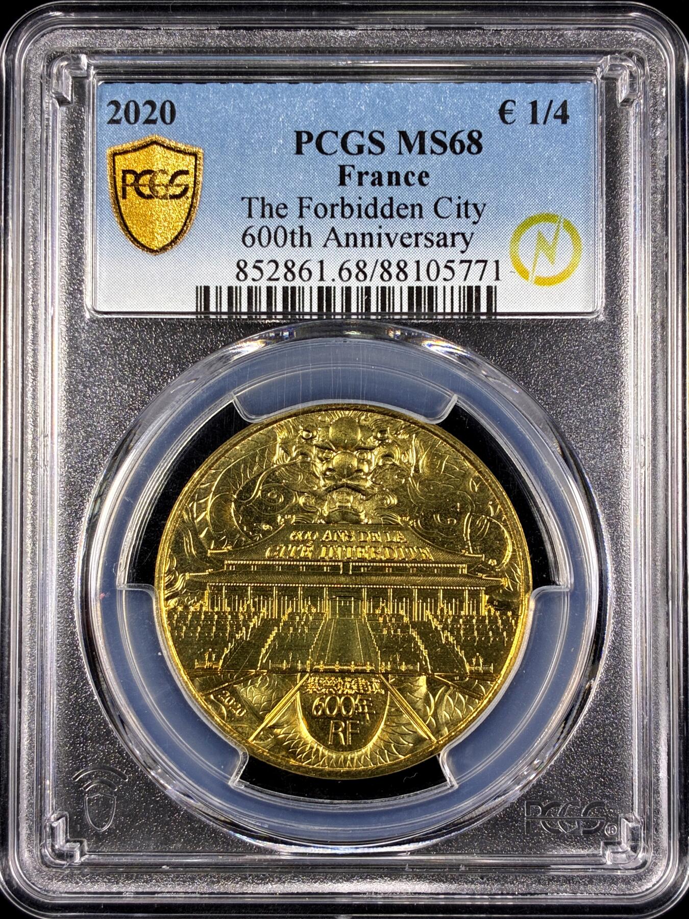 【雨安】【直播拍卖】【第0130期-评级币章】2026-03-28 周六 19:30 (金价981.33, 银价17.11) [评级欧元] France 欧元 法国 1/4欧元 2020年 紫禁城  PCGS-MS68