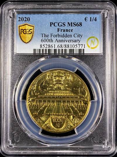 【雨安】【直播拍卖】【第0130期-评级币章】2026-03-28 周六 19:30 (金价981.33, 银价17.11) - [评级欧元] France 欧元 法国 1/4欧元 2020年 紫禁城  PCGS-MS68