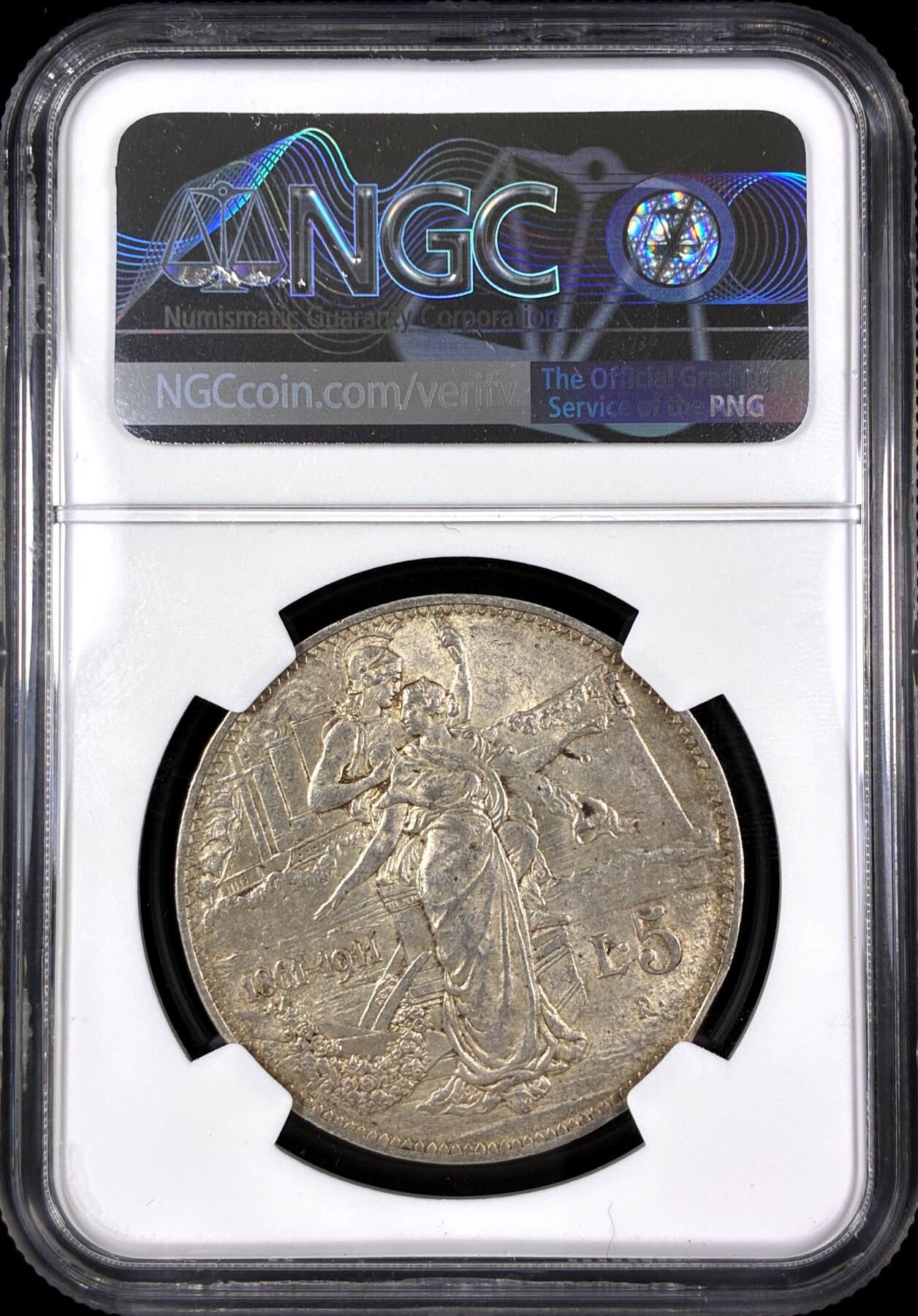 【雨安】【直播拍卖】【第0130期-评级币章】2026-03-28 周六 19:30 (金价981.33, 银价17.11) [评级欧洲] Italy 意大利 5里拉 KM#0053 (1911) 意大利王国建国50周年 1911年  NGC-MS60