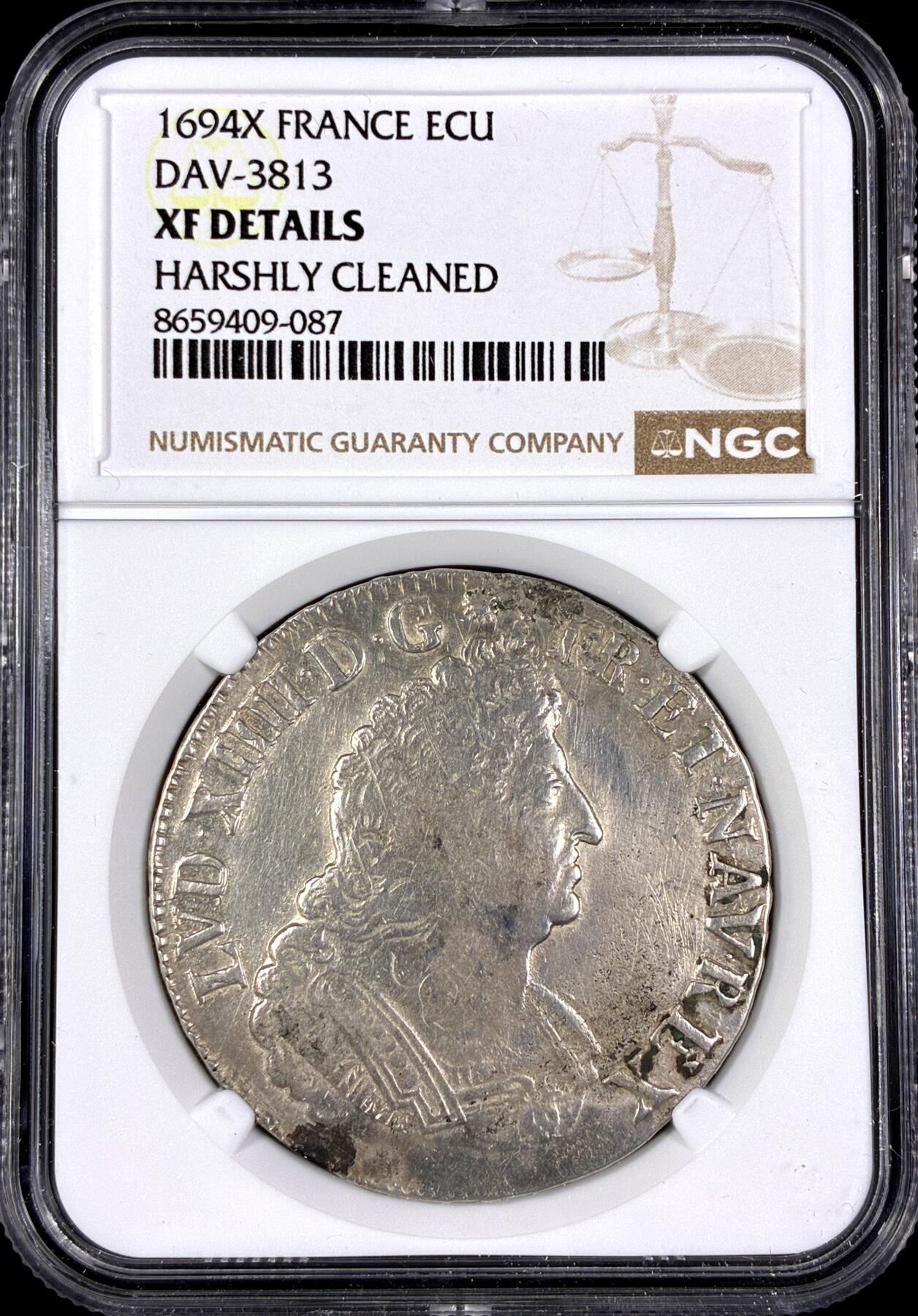 【雨安】【直播拍卖】【第0130期-评级币章】2026-03-28 周六 19:30 (金价981.33, 银价17.11) [评级法国] France 法国 1埃居 KM#0298 DAV-3813 (1693-1701) 路易十四 皇冠圆形纹章棕榈枝  NGC-XF