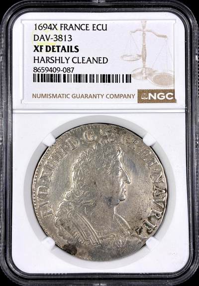 【雨安】【直播拍卖】【第0130期-评级币章】2026-03-28 周六 19:30 (金价981.33, 银价17.11) - [评级法国] France 法国 1埃居 KM#0298 DAV-3813 (1693-1701) 路易十四 皇冠圆形纹章棕榈枝  NGC-XF