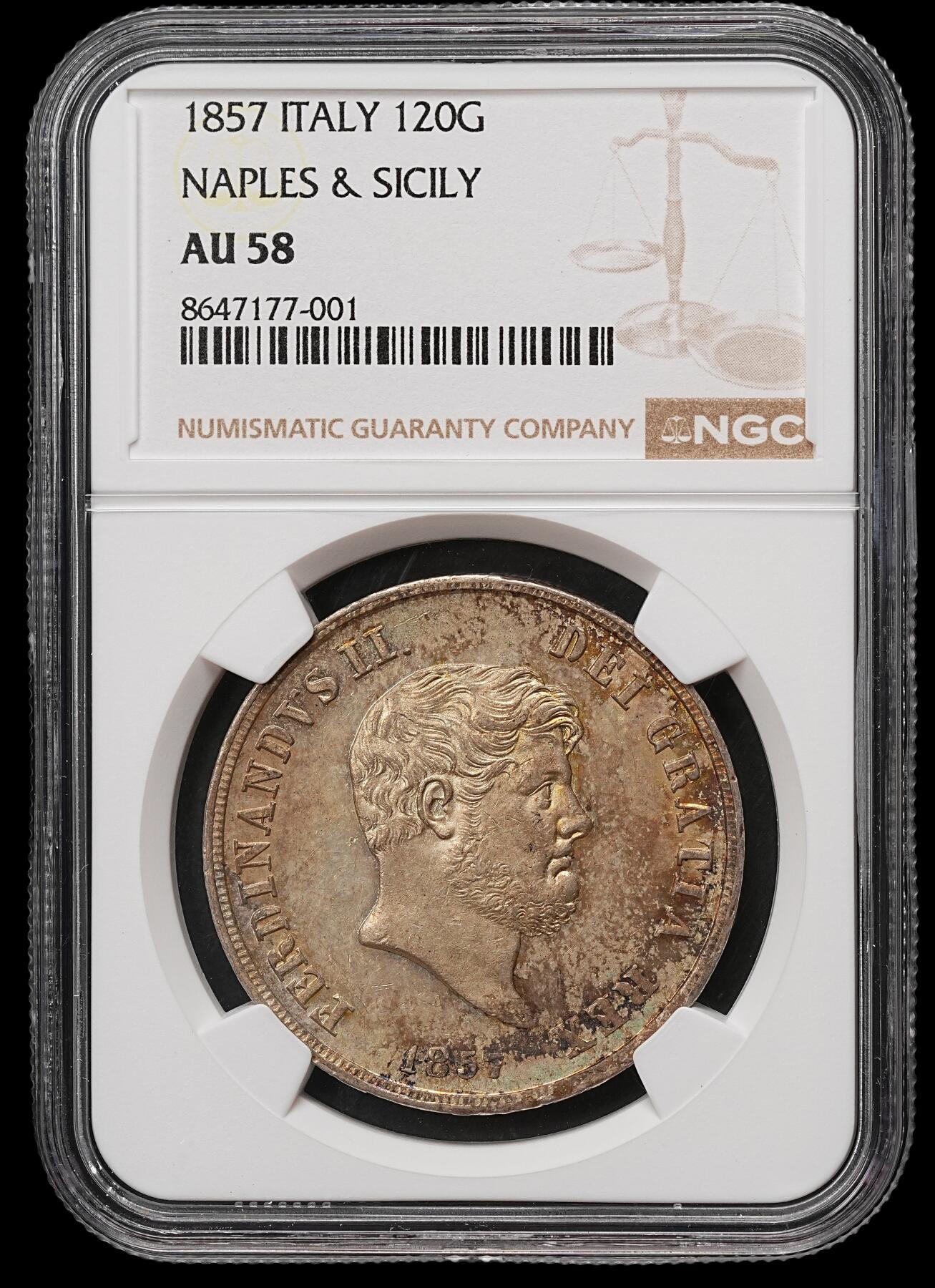 修遠堂世界钱币第109期 NGC AU58 1857年那不勒斯-西西里王国120 Grana大银币，五彩包浆
