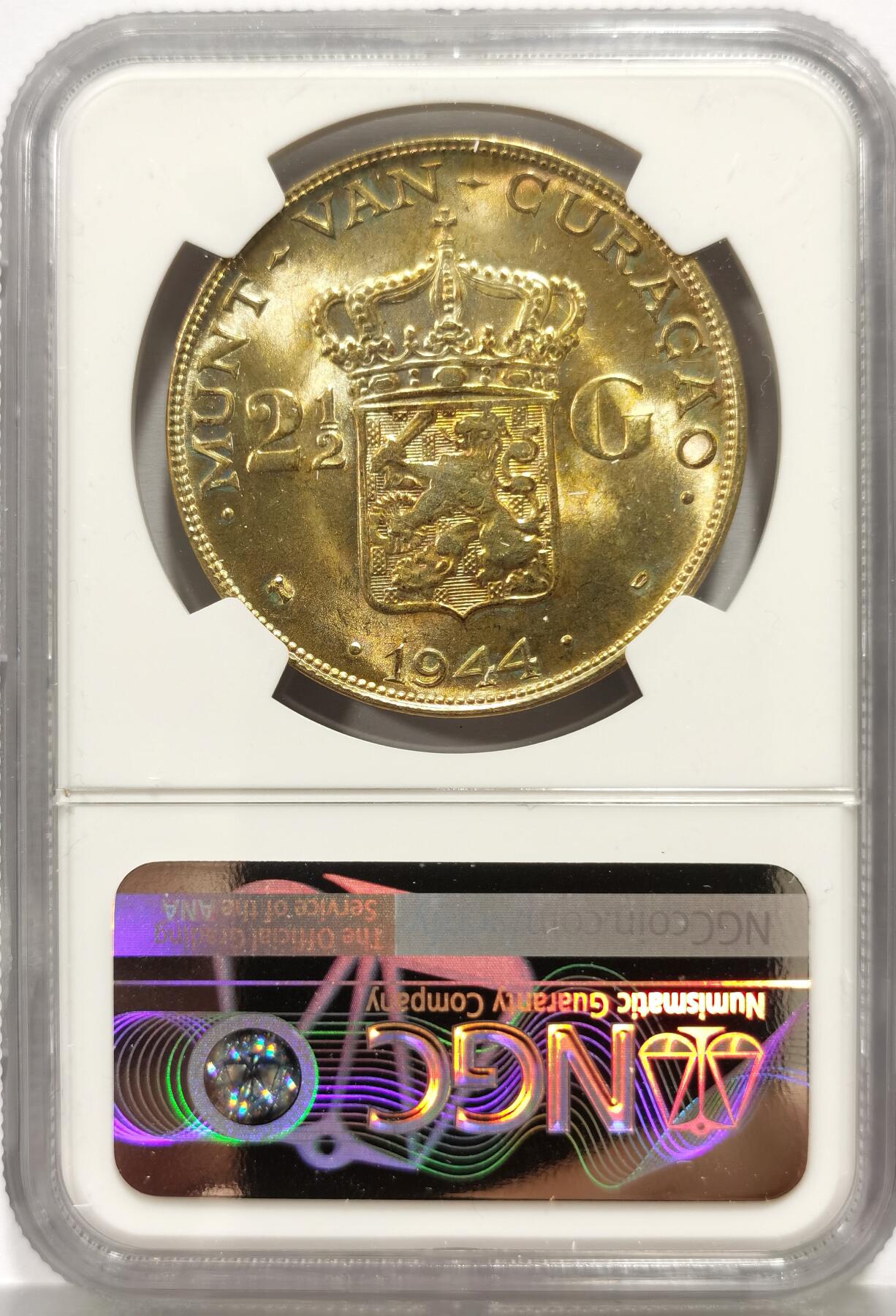 博洋堂“芳菲春韵”3月精品大拍专场暨第166期（全场包邮） NGC MS64 荷属库拉索1944年2.5盾银币 黄油彩转光强烈