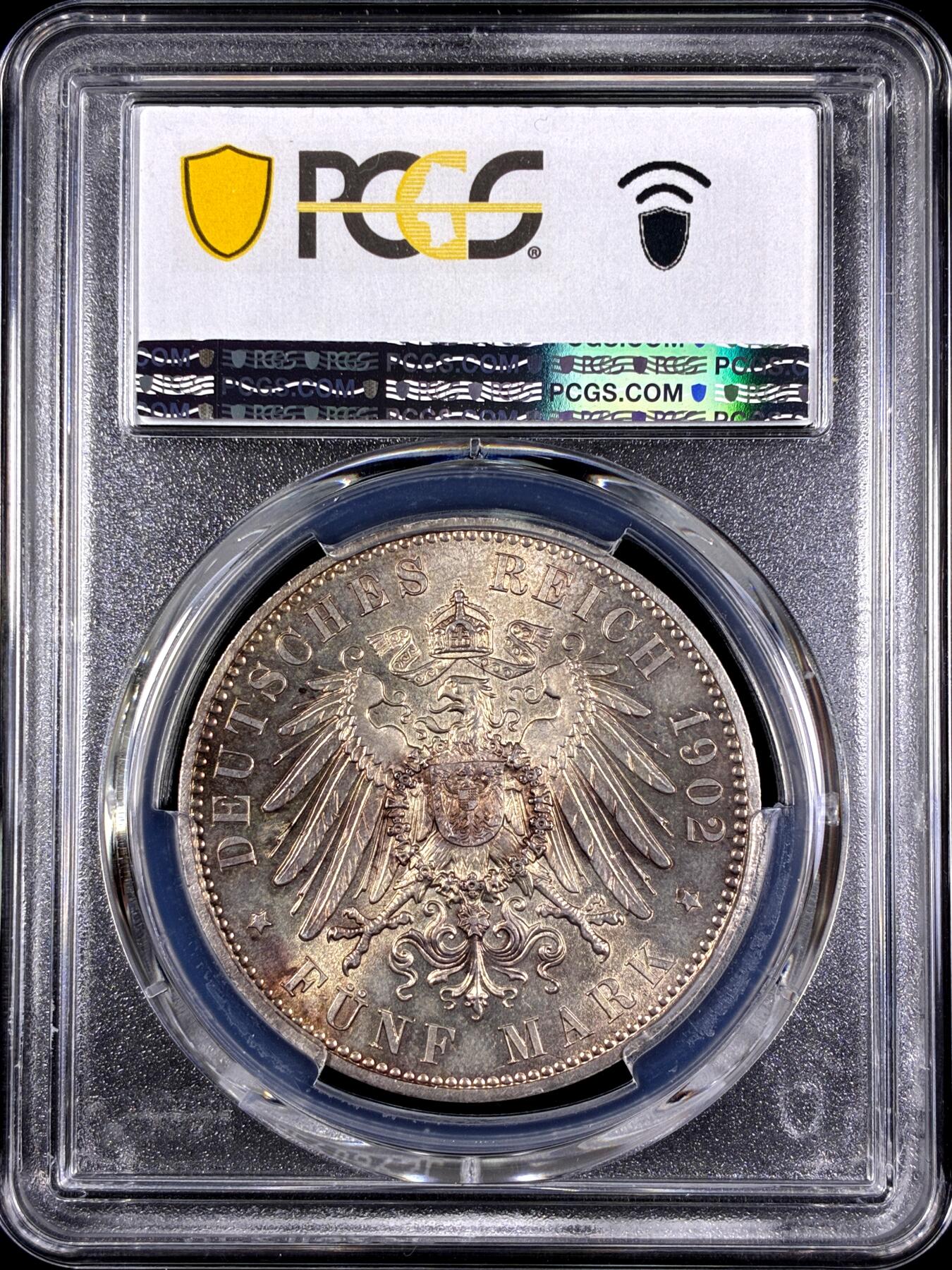 【雨安】【直播拍卖】【第0130期-评级币章】2026-03-28 周六 19:30 (金价981.33, 银价17.11) [评级德国] Germany 德国 帝国 J.128 萨克森 5马克 (1902) 阿尔伯特逝世 1902年  PCGS-MS64 底板干净, 丝绸般光泽