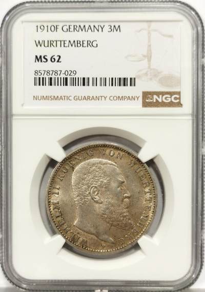 博洋堂“芳菲春韵”3月精品大拍专场暨第166期（全场包邮） - NGC MS62 德国符腾堡1910年威廉二世3马克银币 细节光感不错