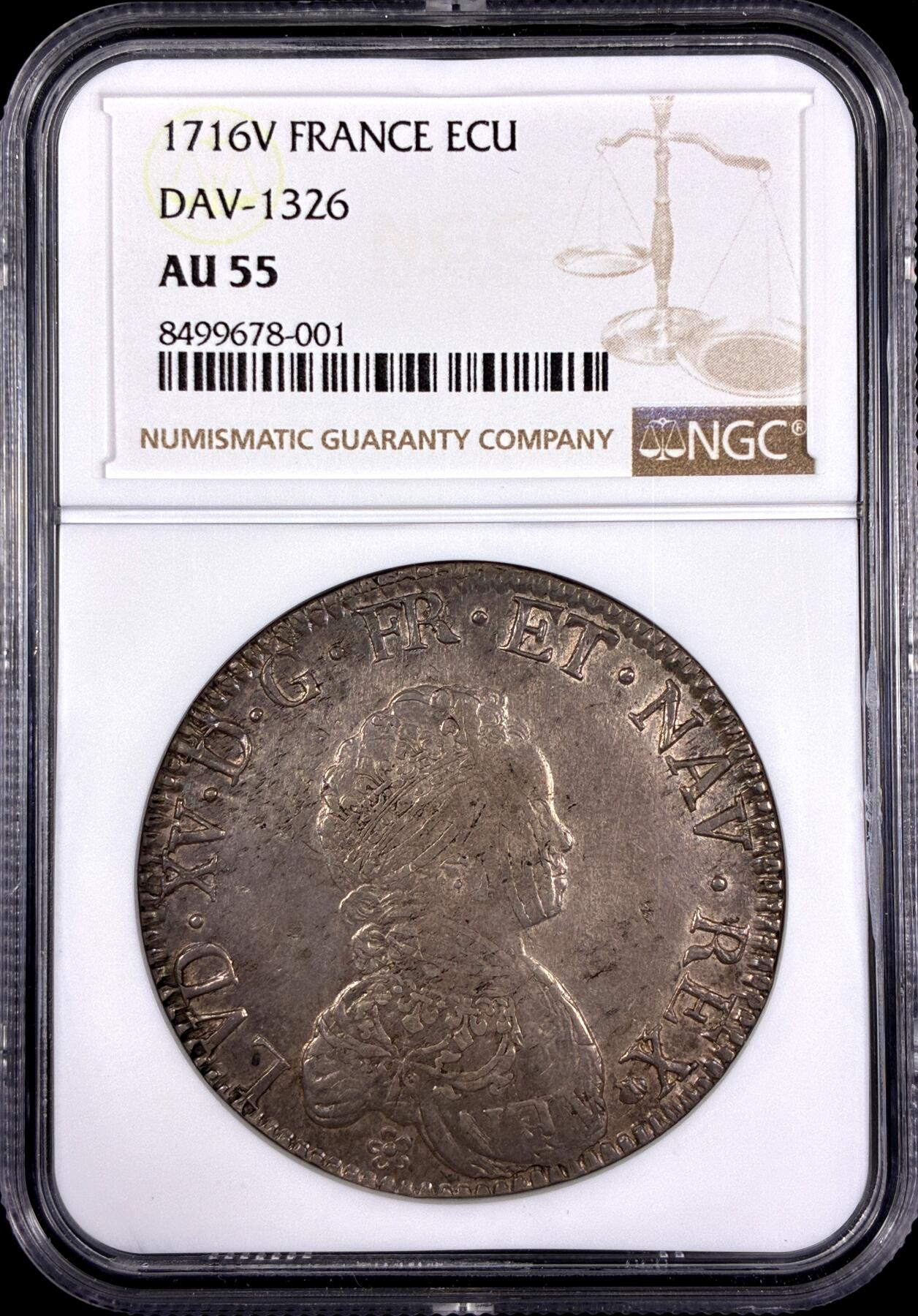 【雨安】【直播拍卖】【第0130期-评级币章】2026-03-28 周六 19:30 (金价981.33, 银价17.11) [评级法国] France 法国 1埃居 KM#0414 (1715-1718) 路易十五 儿童版小头像 1716年V  NGC-AU55 原味欧洲老包浆