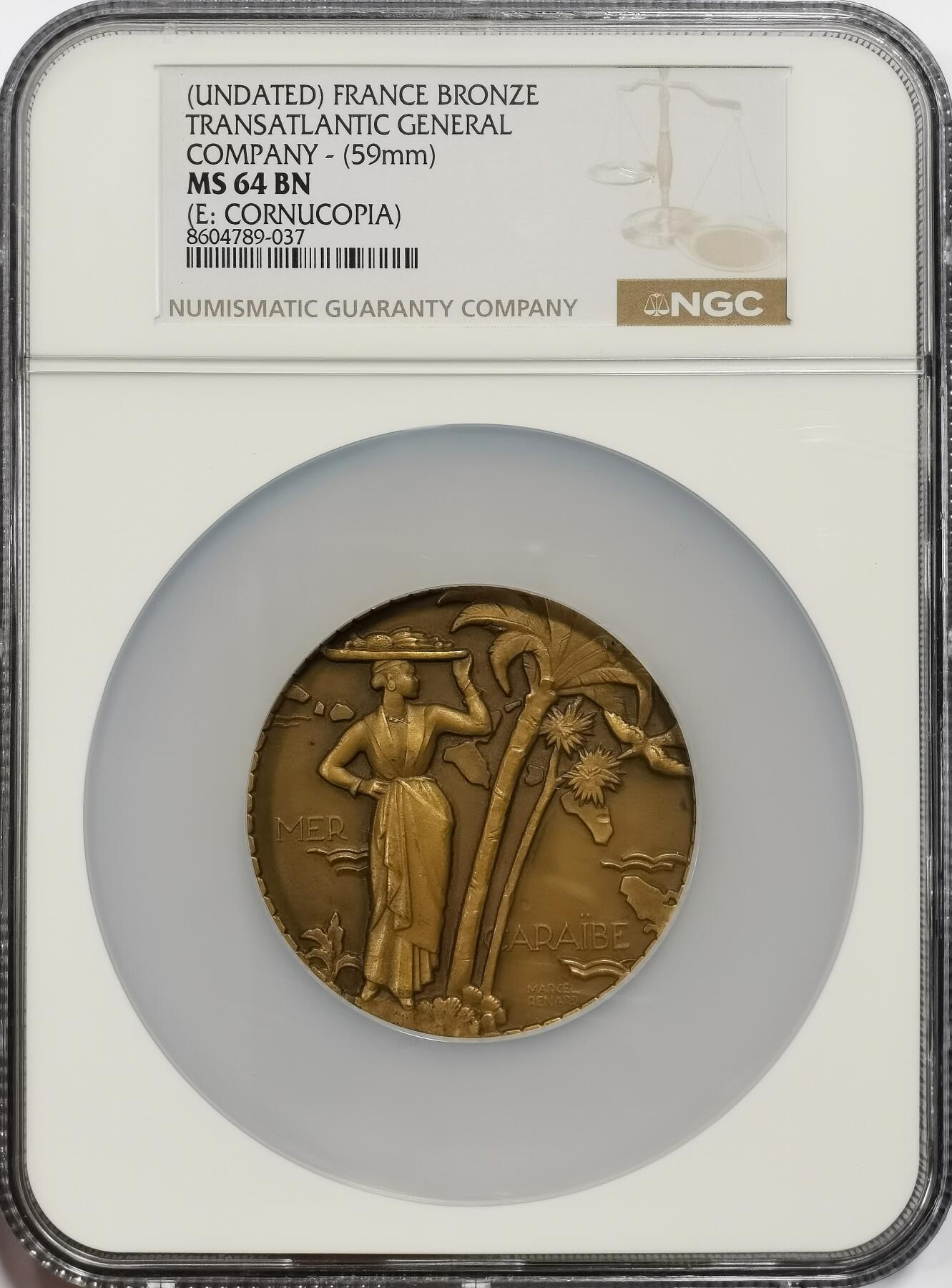 博洋堂“芳菲春韵”3月精品大拍专场暨第166期（全场包邮） NGC MS64BN 法国“哥伦比亚号”邮轮纪念大铜章，属于法属西印度邮船公司，59mm