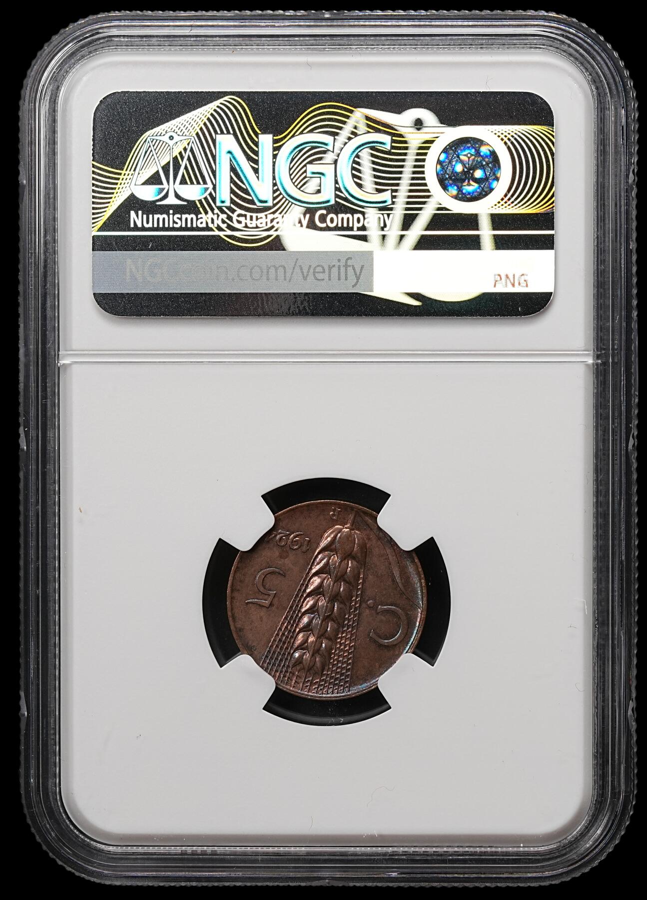 修遠堂世界钱币第109期 NGC MS64BN 1924年意大利5分铜币