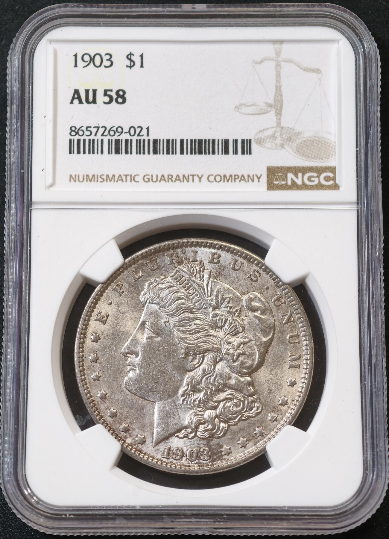 甄臻铺-世界币章拍卖（第56期），送拍享返佣金等优惠多多 NGC-AU58 美国1903年摩根银币，较少见年份，性价比高