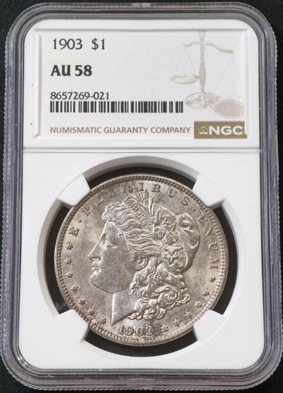 甄臻铺-世界币章拍卖（第56期），送拍享返佣金等优惠多多 - NGC-AU58 美国1903年摩根银币，较少见年份，性价比高