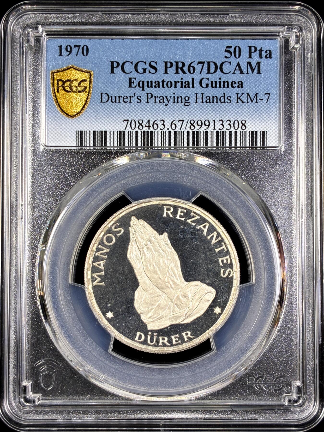 【雨安】【直播拍卖】【第0130期-评级币章】2026-03-28 周六 19:30 (金价981.33, 银价17.11) [评级现代] Equatorial Guinea 赤道几内亚 50Pta 1970年 丢勒的《祈祷之手》 PCGS-PR67DCAM 精制币