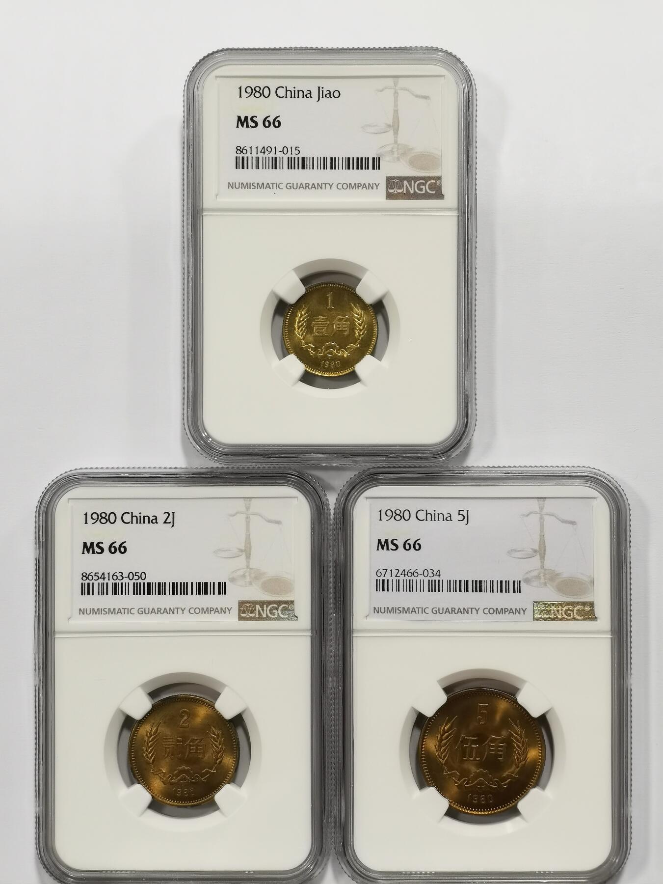 博洋堂“芳菲春韵”3月精品大拍专场暨第166期（全场包邮） NGC MS66 中国1980年壹角、贰角、伍角一组3枚
