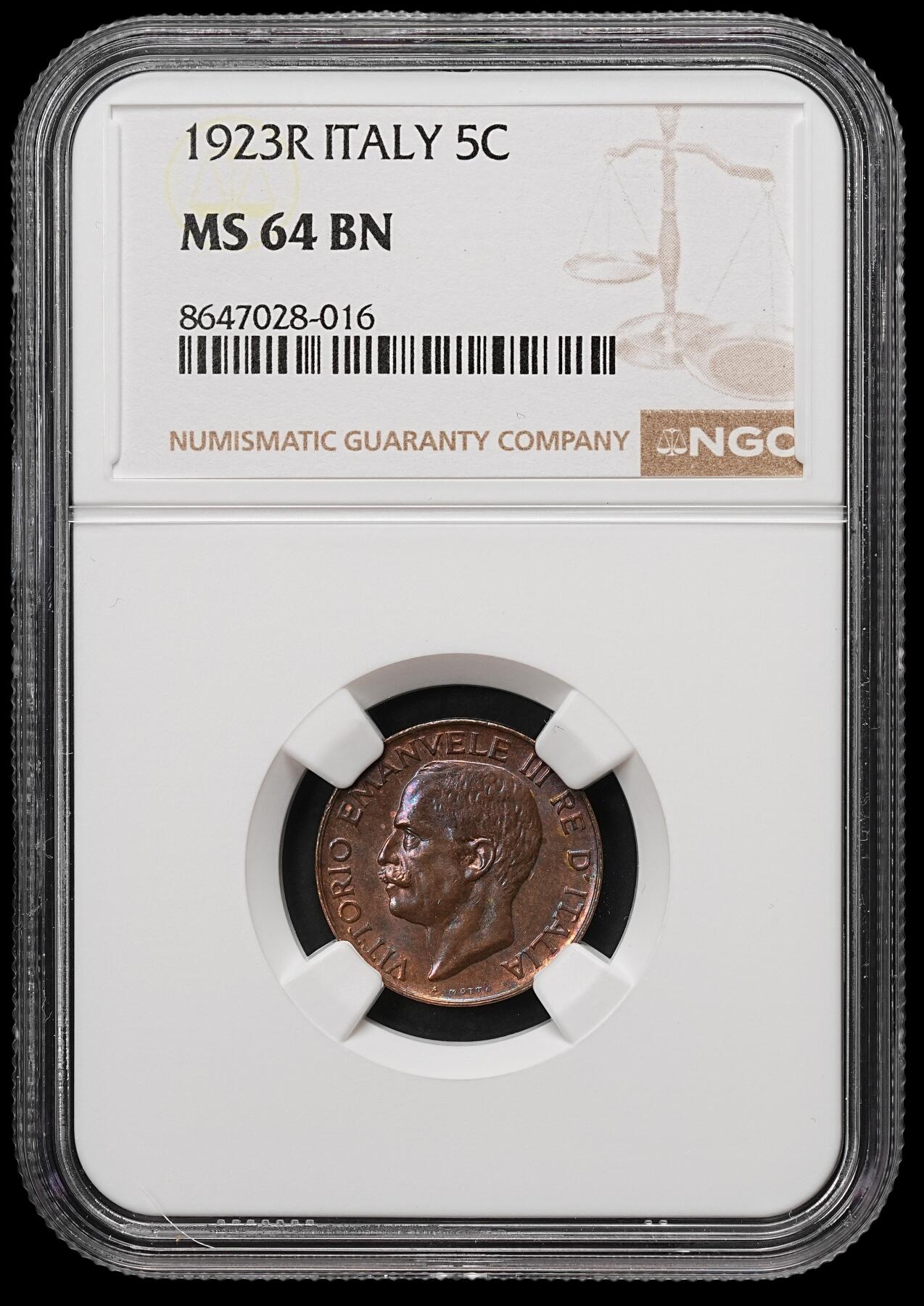 修遠堂世界钱币第109期 NGC MS64BN 1923年意大利5分铜币