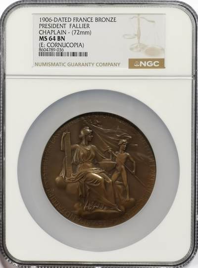博洋堂“芳菲春韵”3月精品大拍专场暨第166期（全场包邮） - NGC MS64BN 法国1906年阿曼德·法利耶当选总统纪念大铜章，72mm大尺寸，用以纪念阿曼德·法利耶于1906年1月7日当选为法兰西第三共和国总统