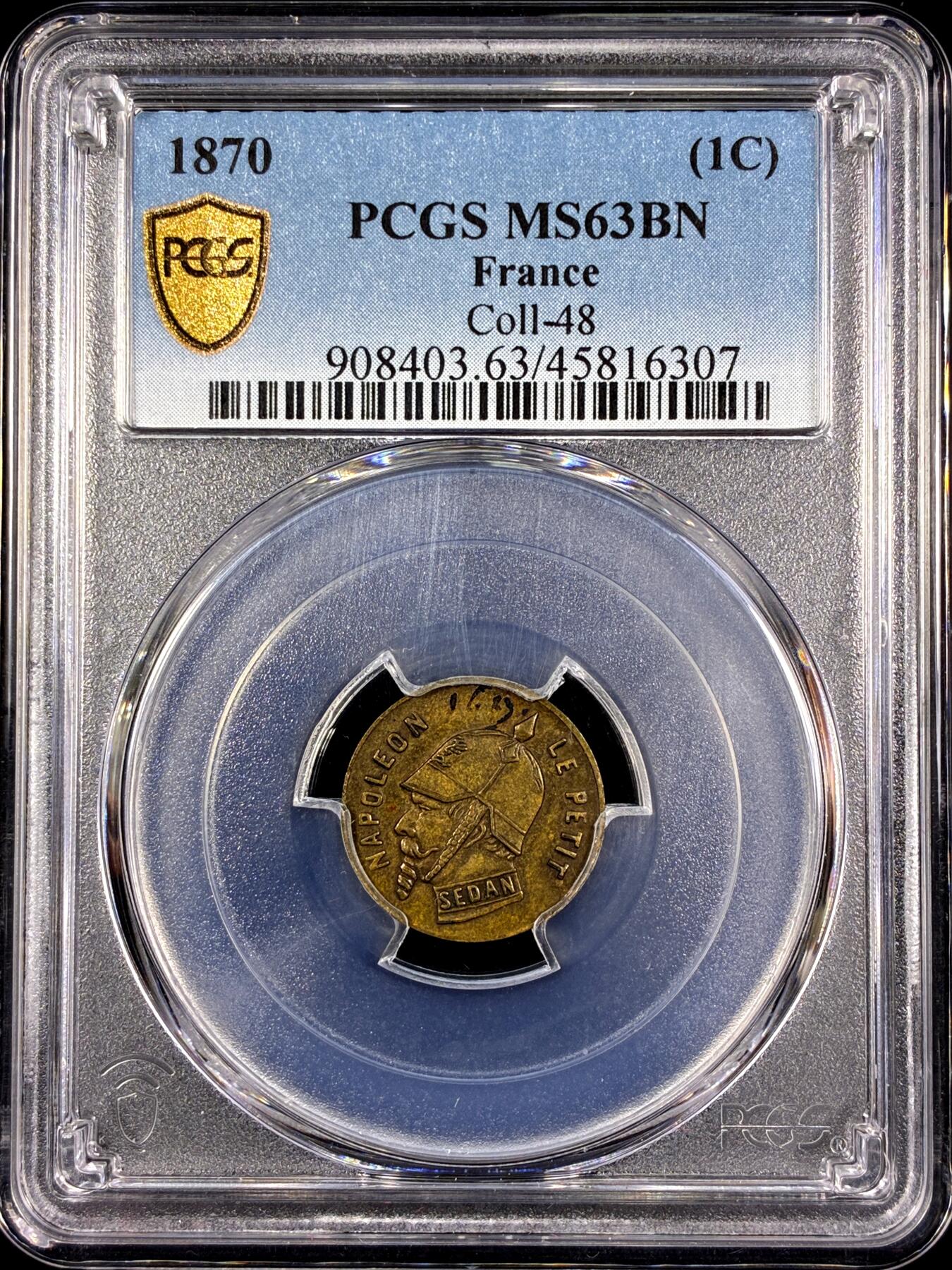 【雨安】【直播拍卖】【第0130期-评级币章】2026-03-28 周六 19:30 (金价981.33, 银价17.11) [评级法国] France 法国 样币 1分 1870年 拿破仑三世 PCGS-MS63