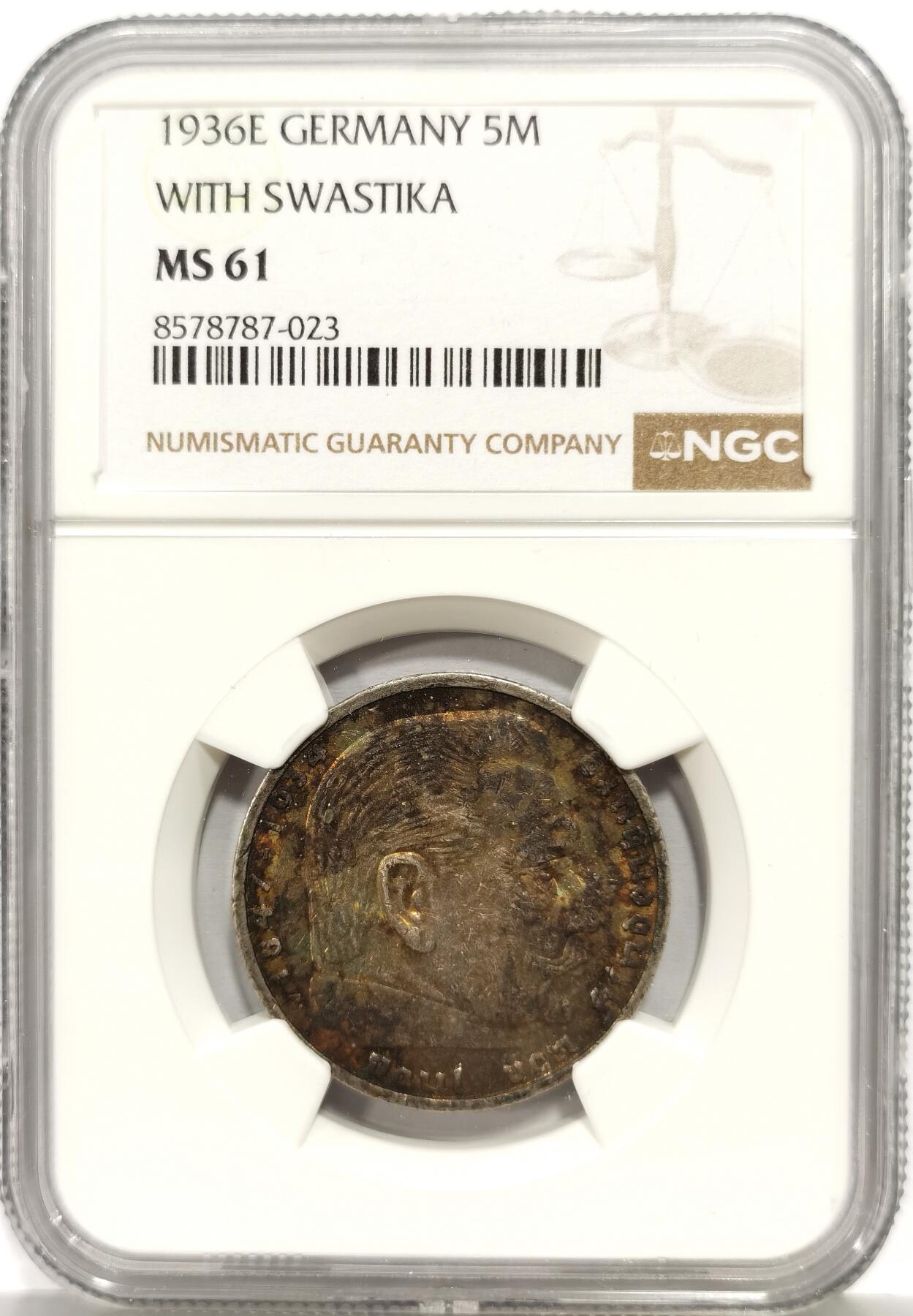 博洋堂“芳菲春韵”3月精品大拍专场暨第166期（全场包邮） NGC MS61 德国1936年E版兴登堡5马克银币 五彩