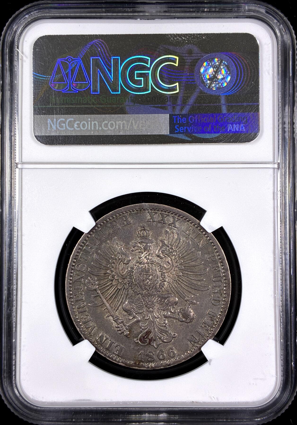 【雨安】【直播拍卖】【第0130期-评级币章】2026-03-28 周六 19:30 (金价981.33, 银价17.11) [评级德国] Germany 德国 德意志 1泰勒 Prussia普鲁士 Thun.271 KM#0497 (1866) 威廉一世.普奥战争.桂冠 1866年  NGC-AU55 原味欧洲淡美包浆