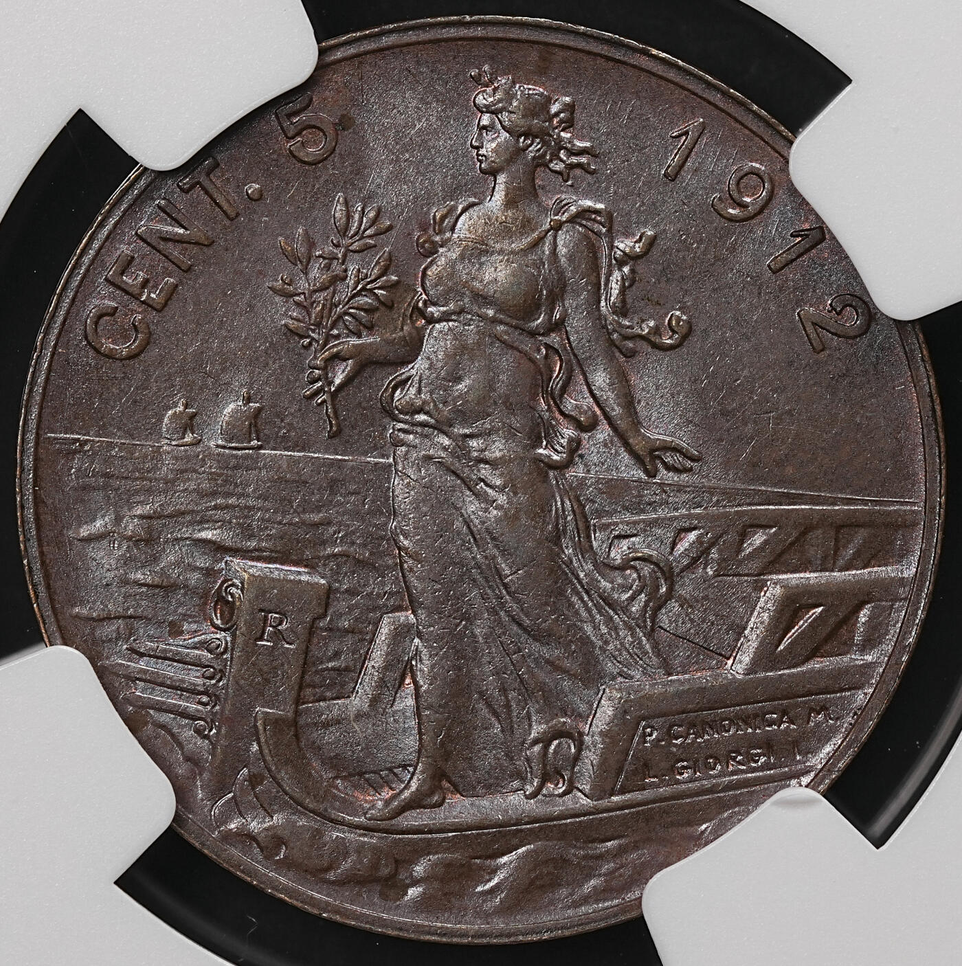 修遠堂世界钱币第109期 NGC MS63BN 1912年意大利5分铜币，稀少的年份，特年