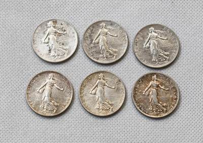 甄臻铺-世界币章拍卖（第56期），送拍享返佣金等优惠多多 - 法国 播种者 2法郎银币6枚一组