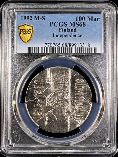 【雨安】【直播拍卖】【第0130期-评级币章】2026-03-28 周六 19:30 (金价981.33, 银价17.11) - [评级现代] Finland 芬兰 100马克 1992年 独立  PCGS-MS68