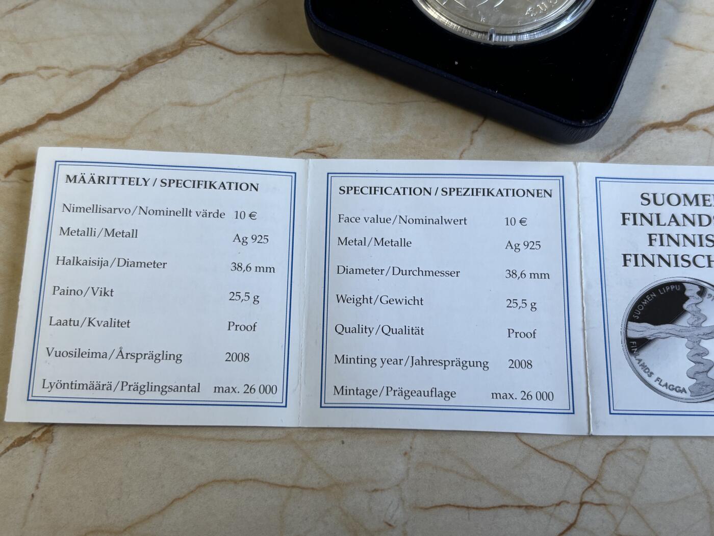 第194期拍卖 芬兰2008年国旗90周年25.5g纪念银币  925银，发行26000枚