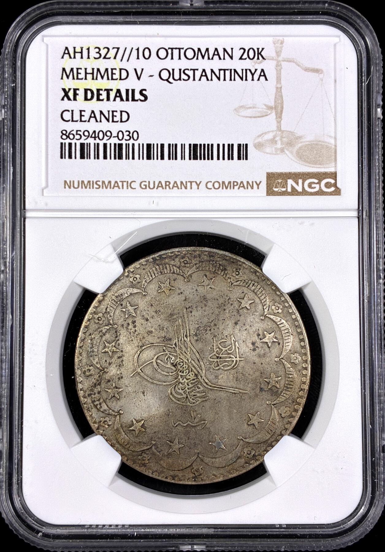 【雨安】【直播拍卖】【第0130期-评级币章】2026-03-28 周六 19:30 (金价981.33, 银价17.11) [评级欧洲] Turkey 土耳其 奥斯曼帝国 穆罕默德五世 20K AH1327//10  NGC-XF