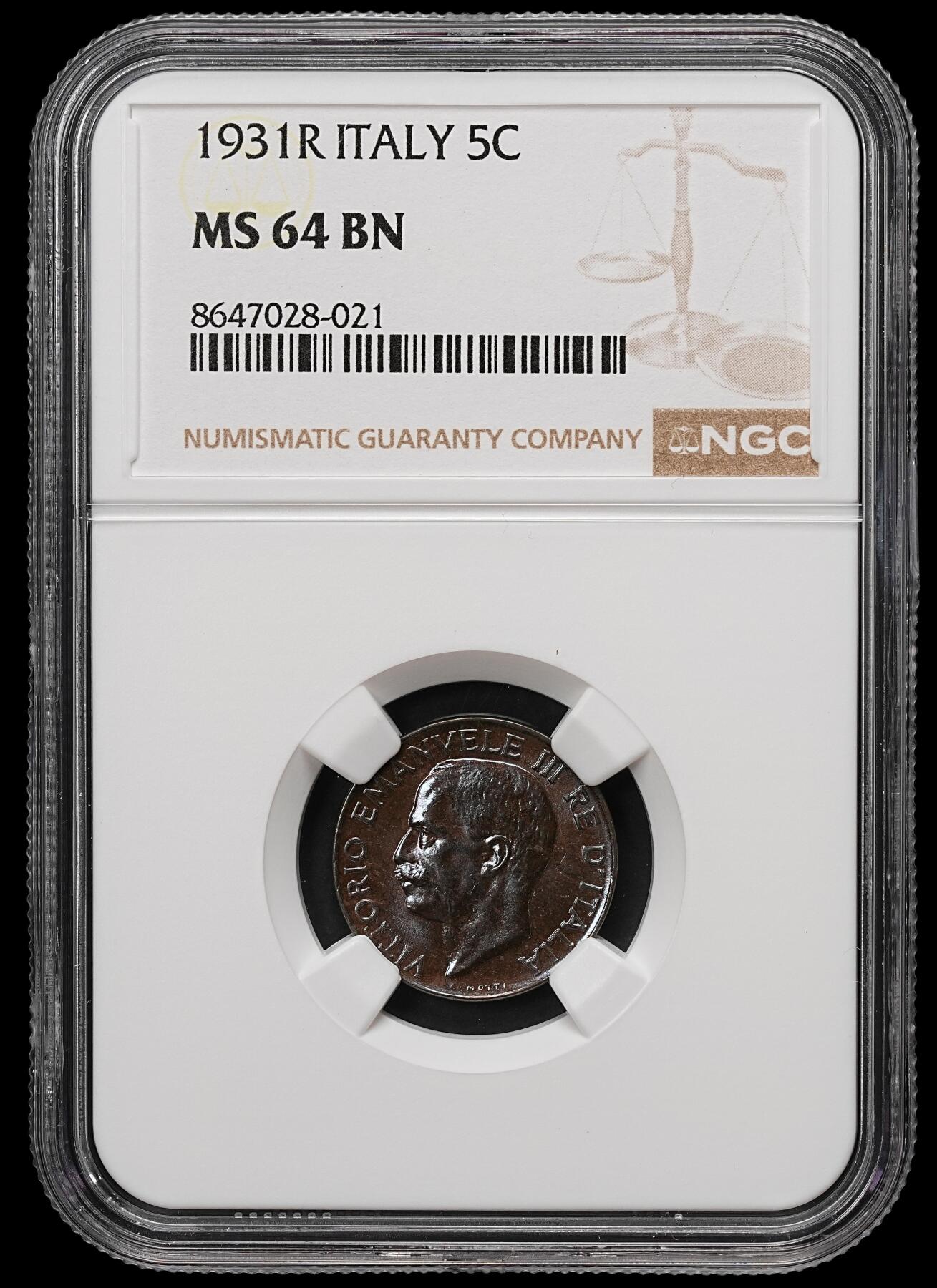 修遠堂世界钱币第109期 NGC MS64BN 1931年意大利5分铜币