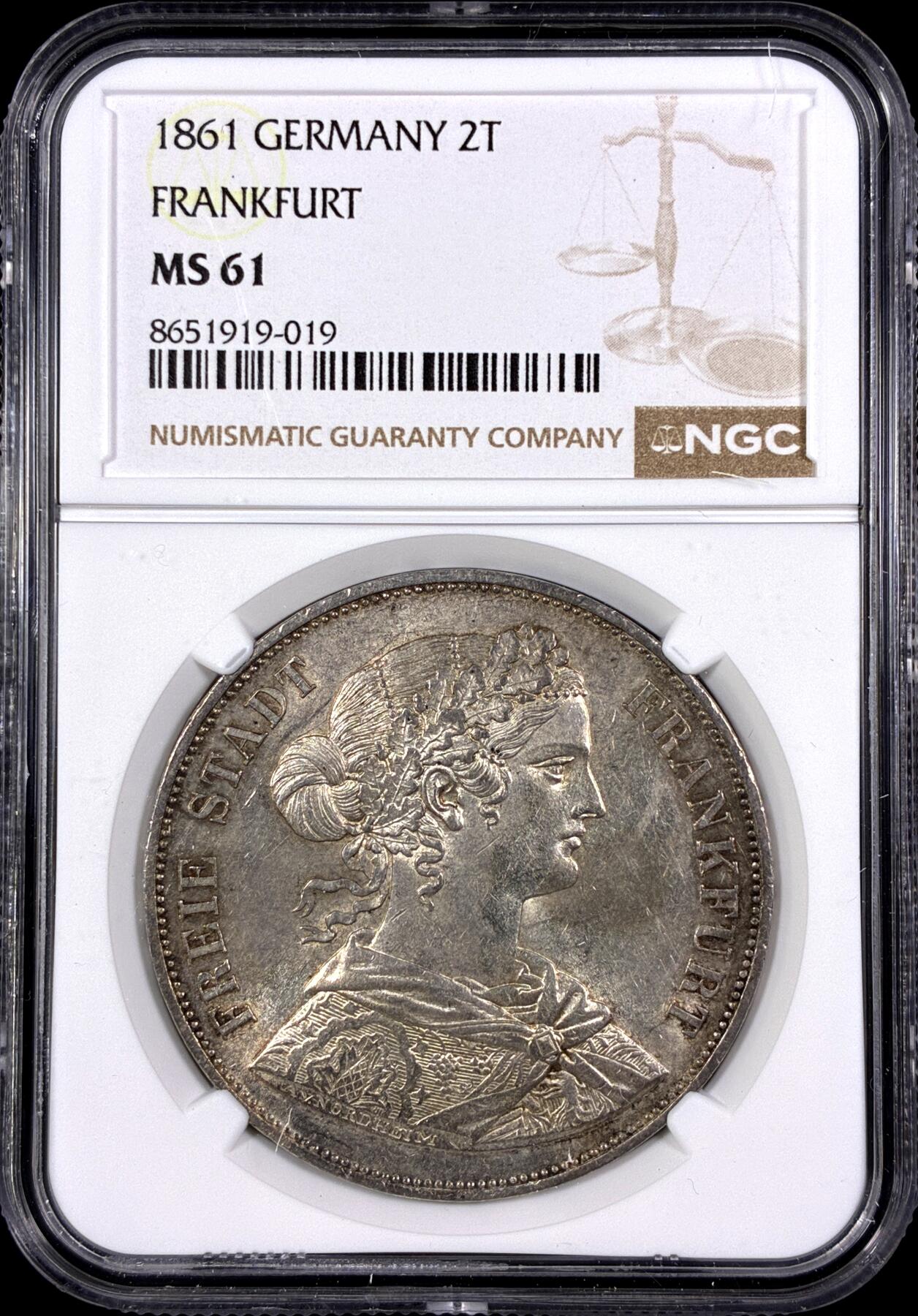 【雨安】【直播拍卖】【第0130期-评级币章】2026-03-28 周六 19:30 (金价981.33, 银价17.11) [评级德国] Germany 德国 德意志 2泰勒 Frankfurt法兰克福 Thun.145 KM#0365 (1860-1866) 法兰克福少女  NGC-MS61