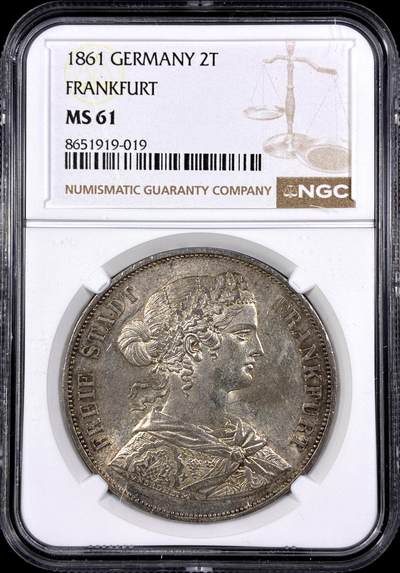 【雨安】【直播拍卖】【第0130期-评级币章】2026-03-28 周六 19:30 (金价981.33, 银价17.11) - [评级德国] Germany 德国 德意志 2泰勒 Frankfurt法兰克福 Thun.145 KM#0365 (1860-1866) 法兰克福少女  NGC-MS61