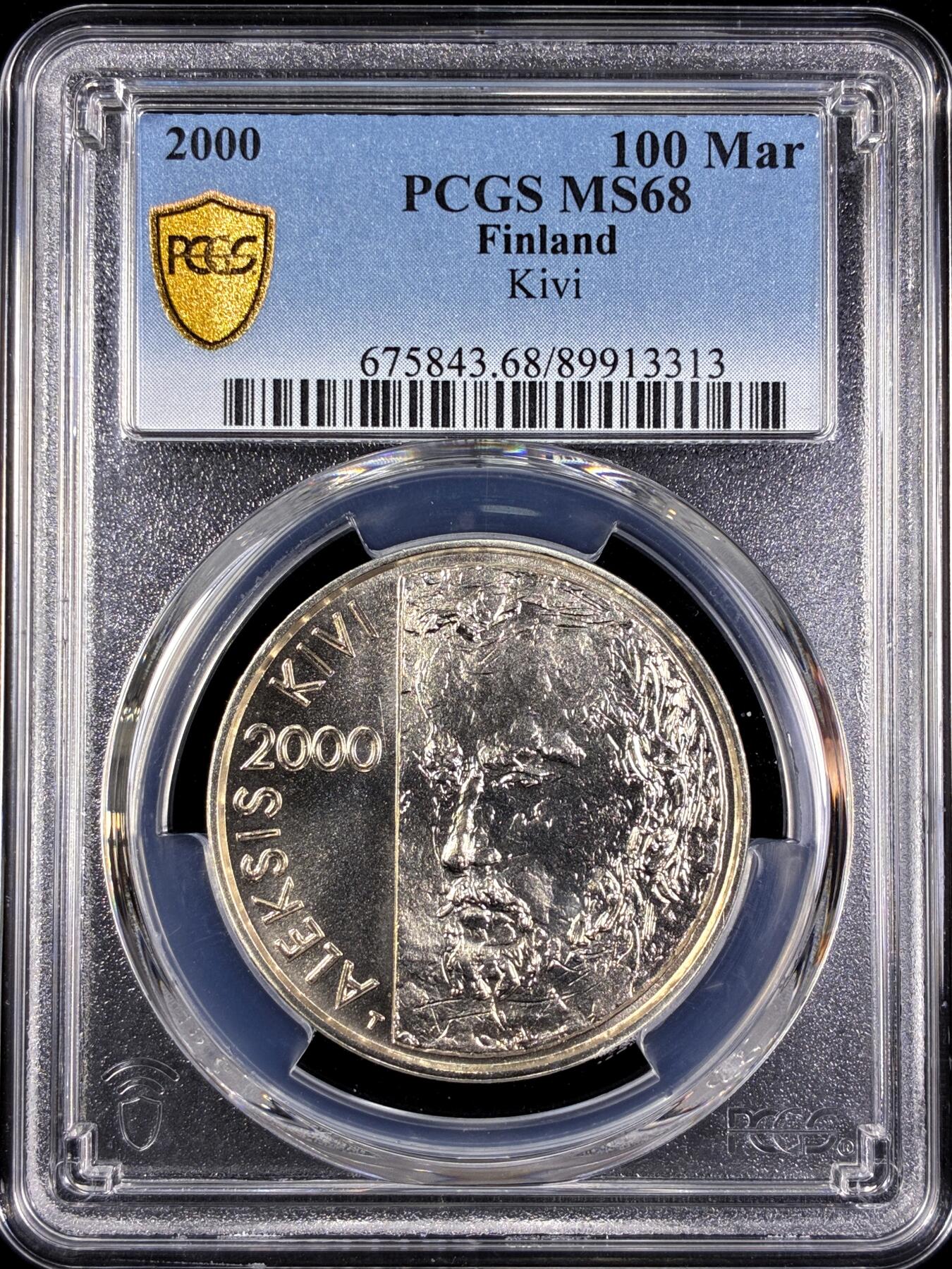 【雨安】【直播拍卖】【第0130期-评级币章】2026-03-28 周六 19:30 (金价981.33, 银价17.11) [评级现代] Finland 芬兰 100马克 2000年 芬兰文学奠基人亚历克西斯·基维  PCGS-MS68