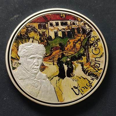 【全场包邮】纯粹捡漏拍515场 - 【稀少】加蓬2020年1000法郎文森特·梵·高杰作系列《奥弗斯村庄的街道和台阶》50毫米50克精制镀银纪念币-量2500