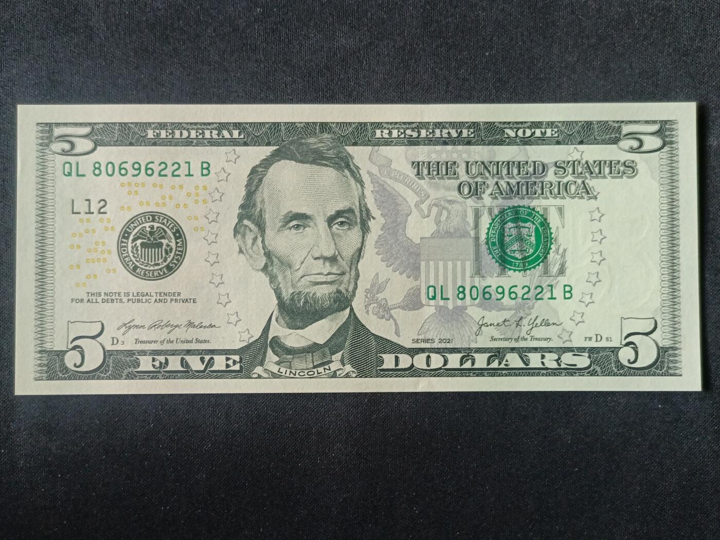 【游宝拍卖】丙午马年第15期 美国-5美元【SERIES-2021 L-旧金山 无47永恒号 QL80696221B  全新UNC】