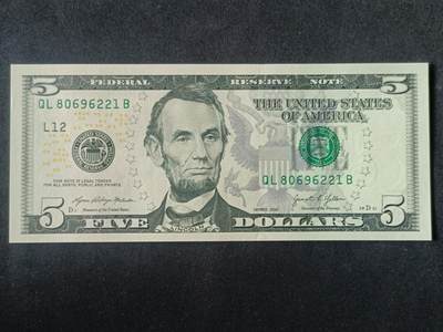 【游宝拍卖】丙午马年第15期 - 美国-5美元【SERIES-2021 L-旧金山 无47永恒号 QL80696221B  全新UNC】