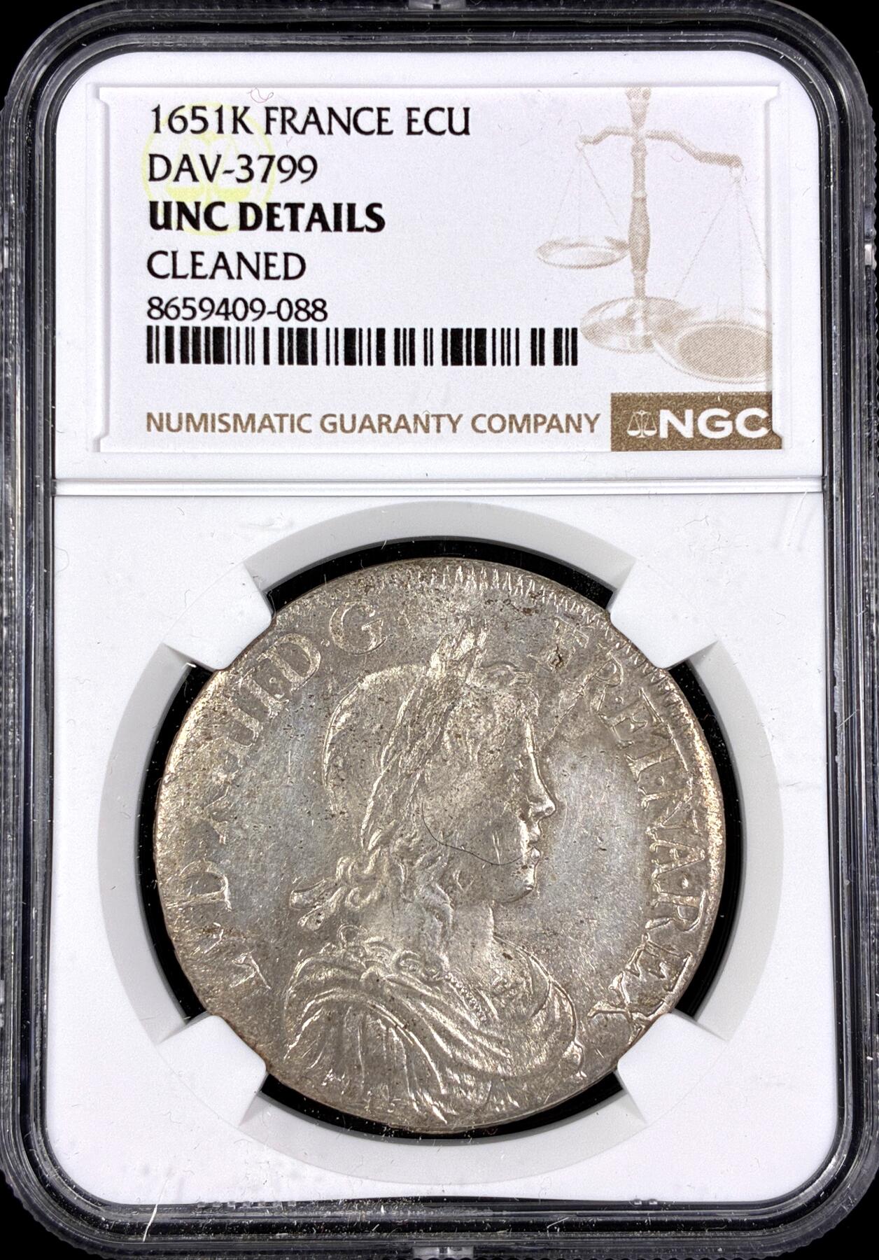 【雨安】【直播拍卖】【第0130期-评级币章】2026-03-28 周六 19:30 (金价981.33, 银价17.11) [评级法国] France 法国 1埃居 KM#0155 DAV-3799 (1646-1653) 路易十四 儿童版2nd  NGC-UNC