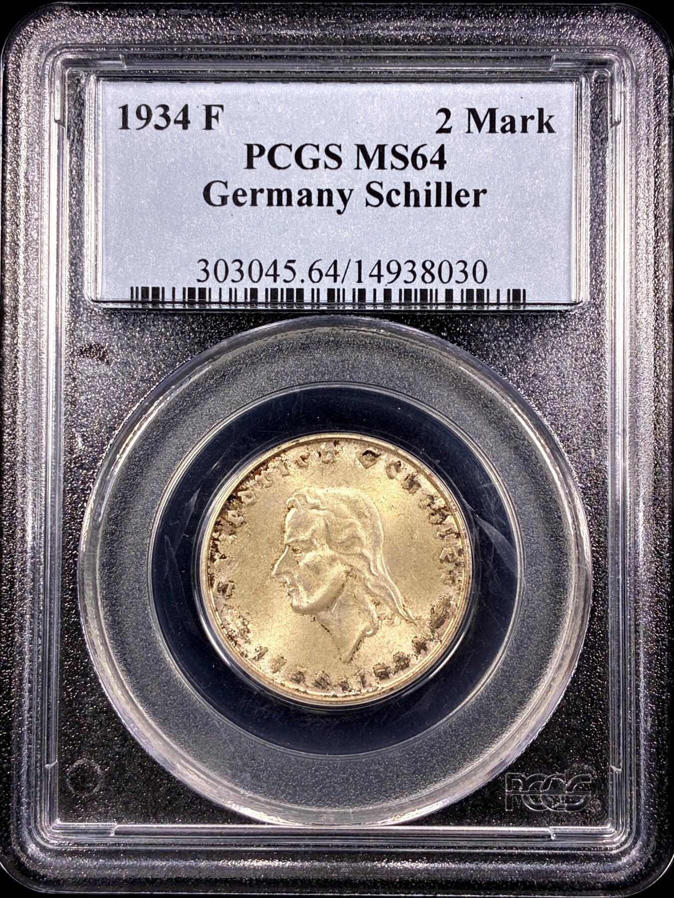 【雨安】【直播拍卖】【第0130期-评级币章】2026-03-28 周六 19:30 (金价981.33, 银价17.11) [评级德国] Germany 德国 第三帝国 2马克 1934年 席勒  PCGS-MS64 丝绸般粉光