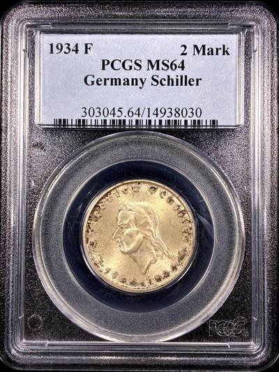 【雨安】【直播拍卖】【第0130期-评级币章】2026-03-28 周六 19:30 (金价981.33, 银价17.11) - [评级德国] Germany 德国 第三帝国 2马克 1934年 席勒  PCGS-MS64 丝绸般粉光