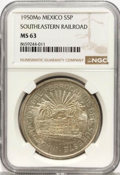 博洋堂“芳菲春韵”3月精品大拍专场暨第166期（全场包邮） - NGC MS63 墨西哥1950年东南铁路5比索大银币，非常稀少的品种，好品难寻，BU极美转光。