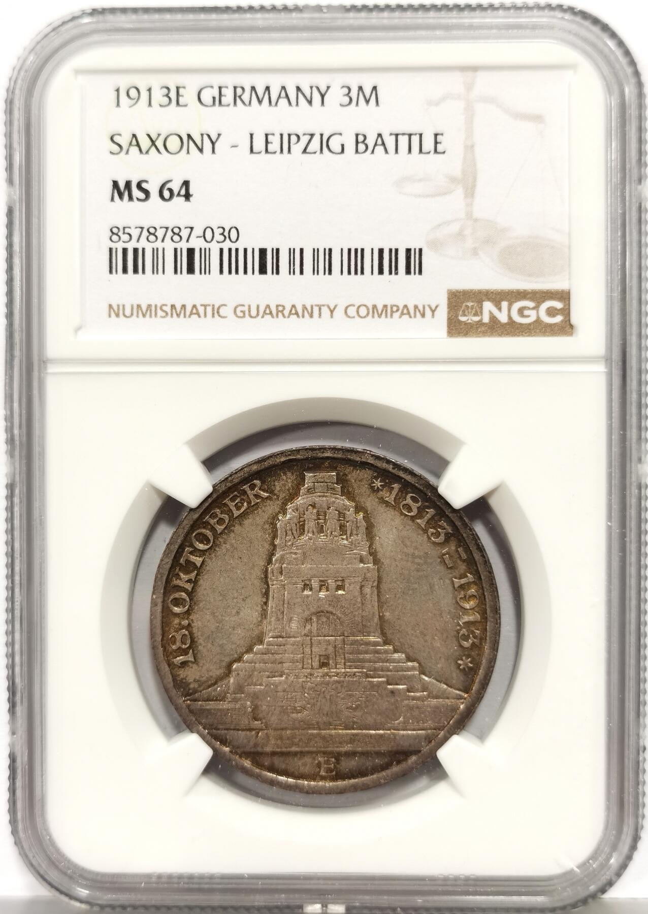 博洋堂“芳菲春韵”3月精品大拍专场暨第166期（全场包邮） NGC MS64 德国萨克森1913年建功碑3马克银币 自然环彩