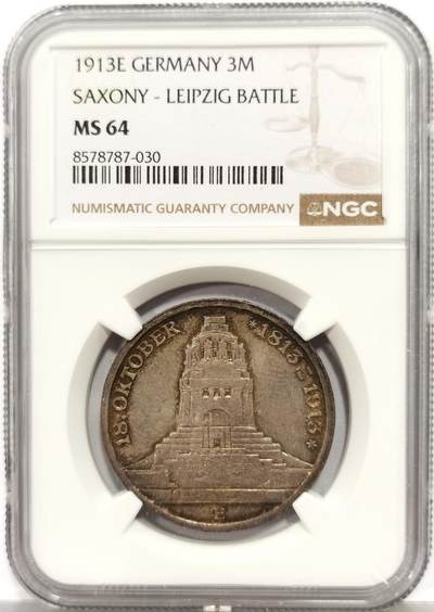 博洋堂“芳菲春韵”3月精品大拍专场暨第166期（全场包邮） - NGC MS64 德国萨克森1913年建功碑3马克银币 自然环彩