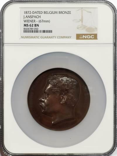 博洋堂“芳菲春韵”3月精品大拍专场暨第166期（全场包邮） - NGC MS62BN 比利时1872年布鲁塞尔市长朱尔斯·安斯帕奇纪念大铜章，67mm